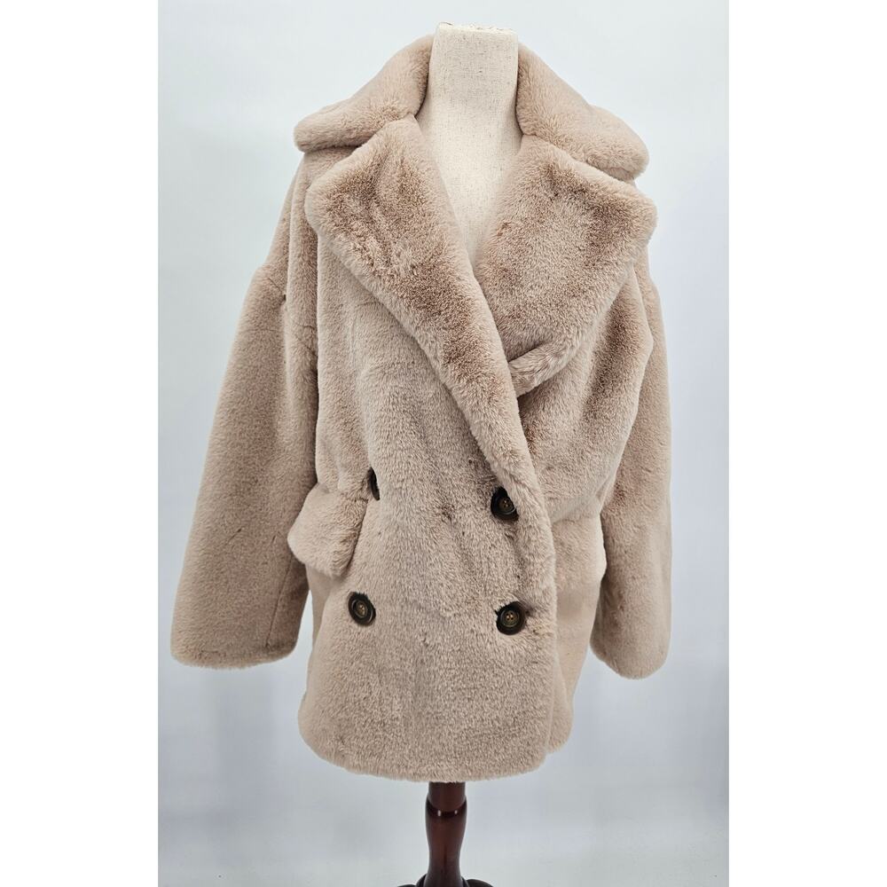 Free People Women's Size XS Kate Faux Fur Apricot Tan Double Breasted Coat